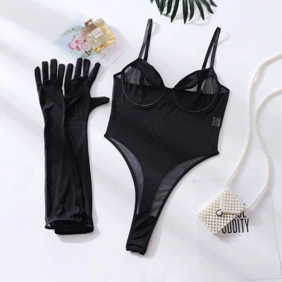 Sheer mesh bodysuit with gloves