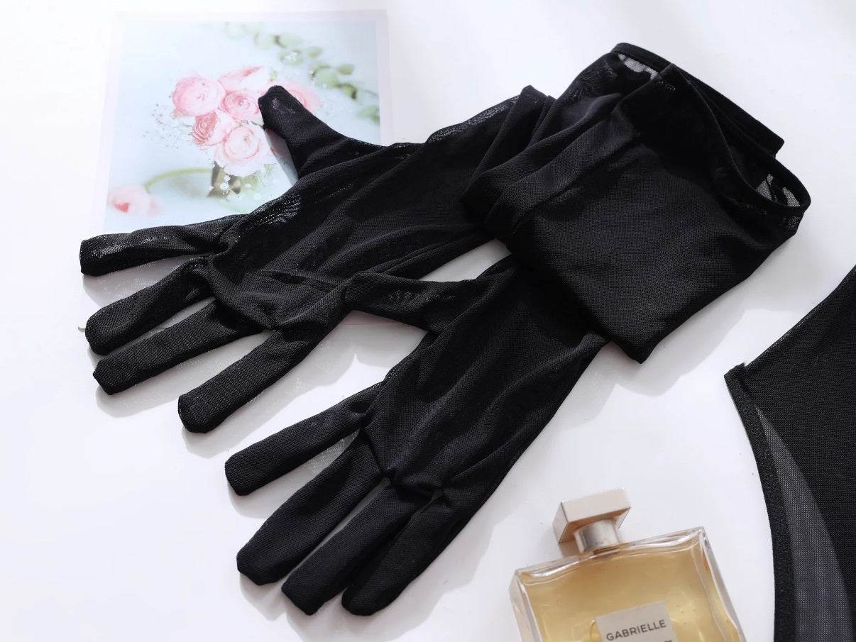 Sheer mesh bodysuit with gloves