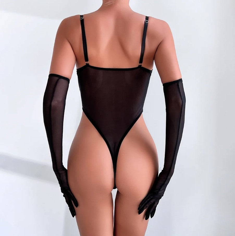 Sheer mesh bodysuit with gloves